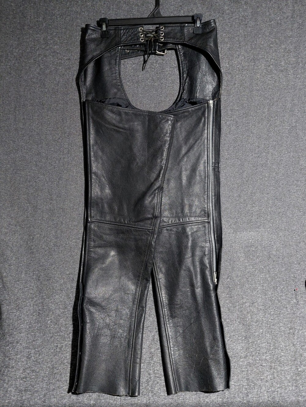 Vintage 90s FMC Black Leather Chaps with Lace-Up Waist Unisex Sz XS